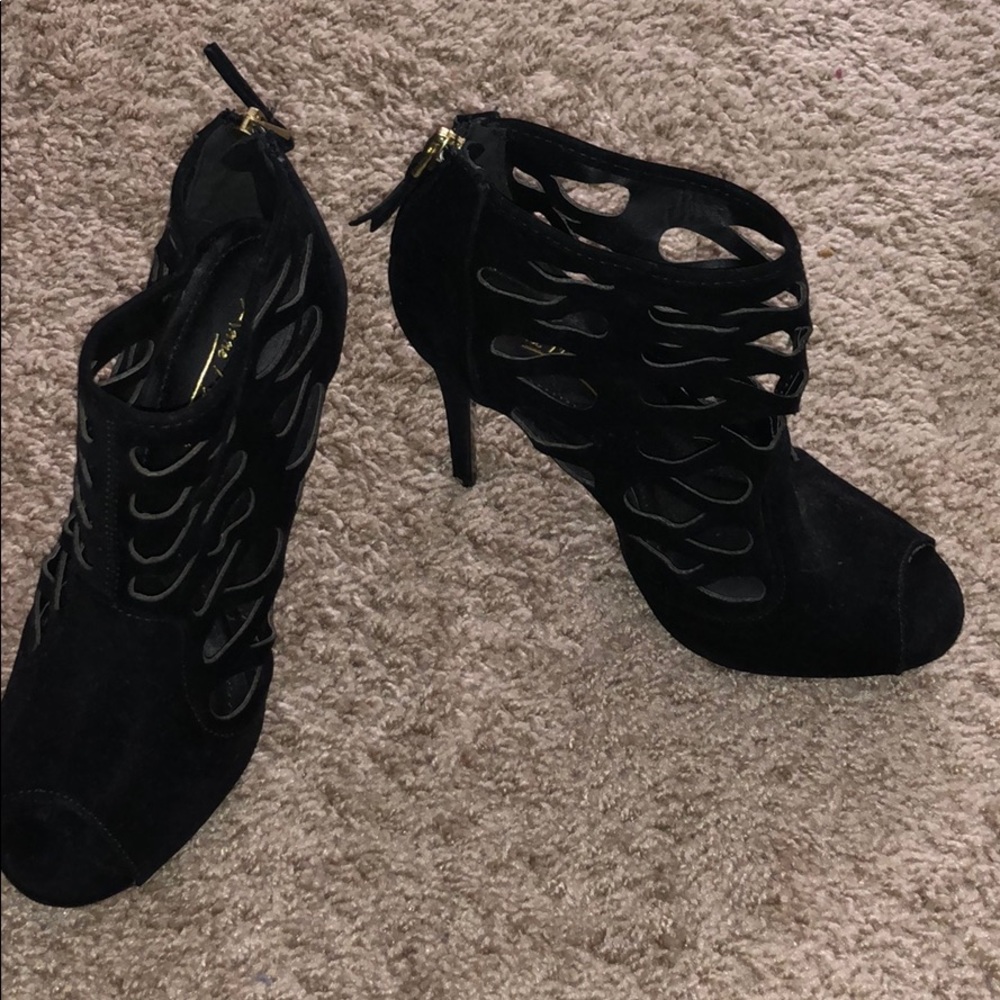 Black velvet cutout heels